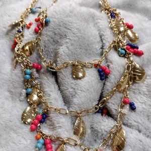 Colorful Gold Chain Charming Necklace Beads Triple Strand Women's Fashion